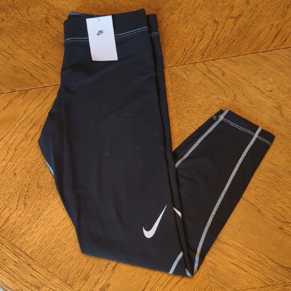 Nike Black Women's Leggings with White Swoosh and Contrast Stitching